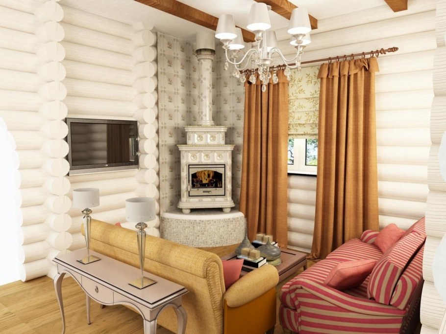 Гостиная в доме из оцилиндрованного бревна