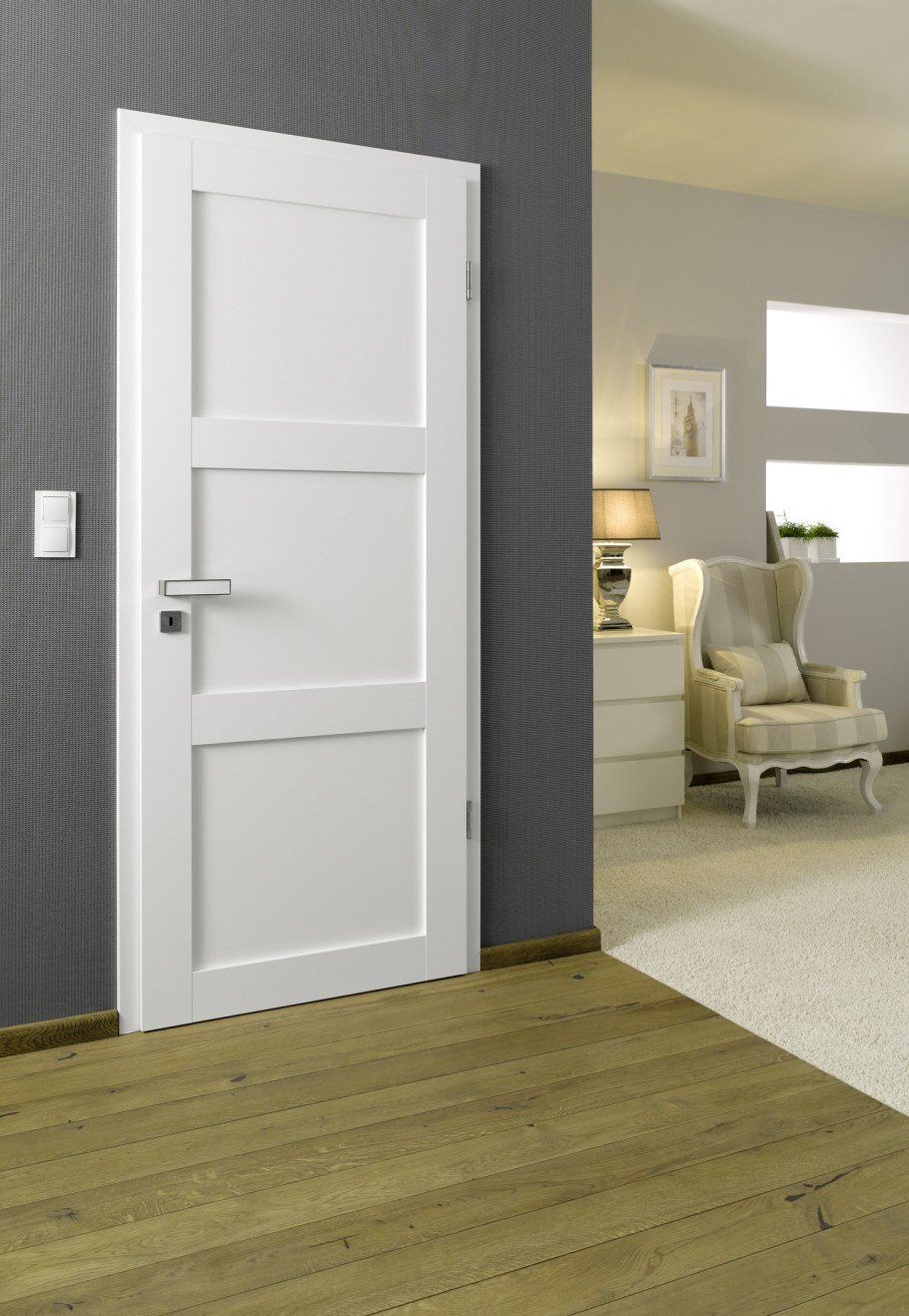 Белая дверь с черным наличником