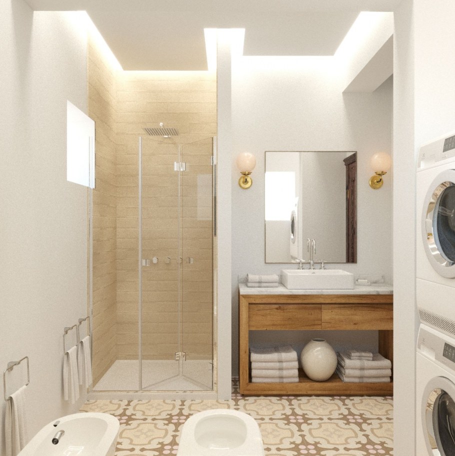 Ванная с душем и стиральной машиной