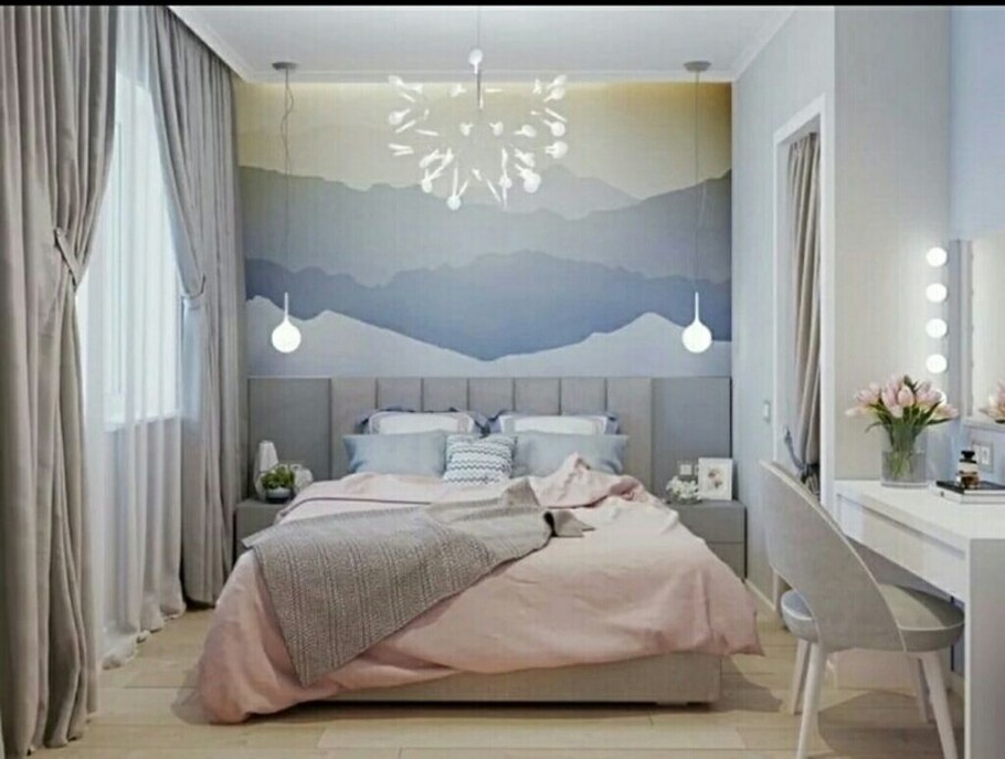 Интерьер спальни в светлых тонах 18кв