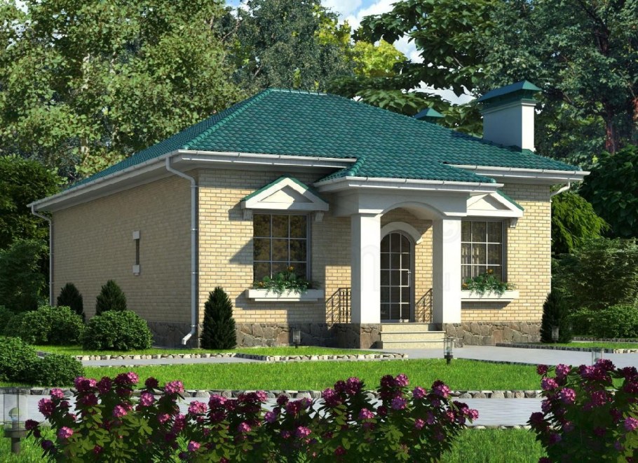 Кирпичный дом с зеленой крышей