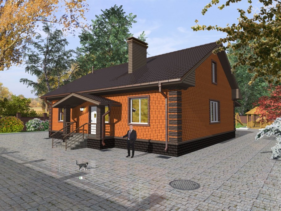 Одноэтажный кирпичный дом с крыльцом