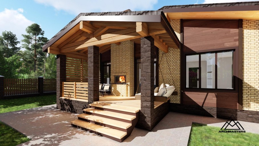 Одноэтажный кирпичный дом с крыльцом