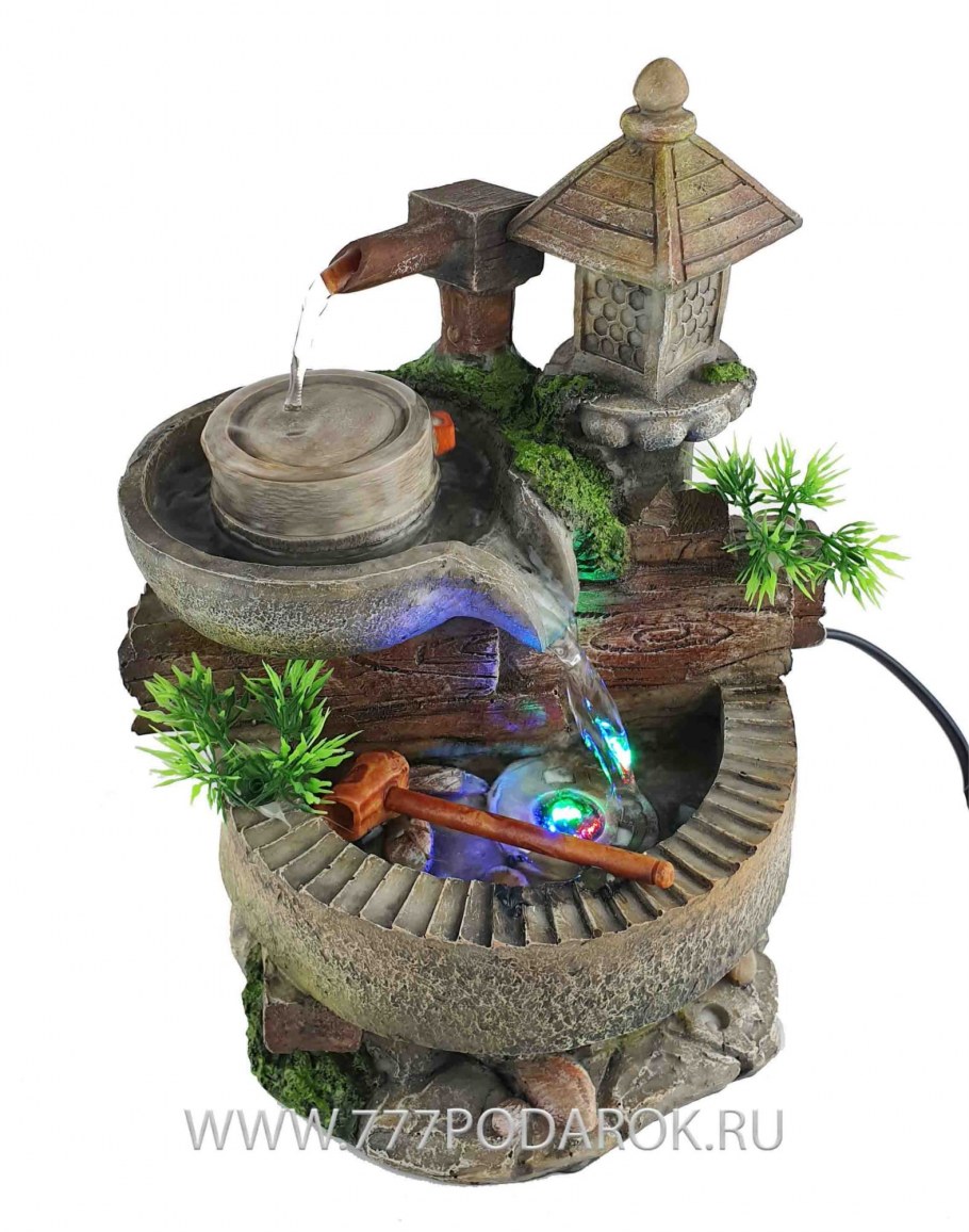 Фонтан настольный мельница и колодец, высота 24 см, подсветка