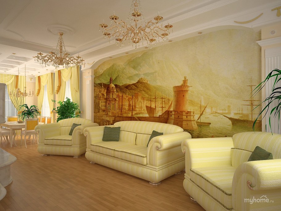 Фреска Аффреско в интерьере гостиной