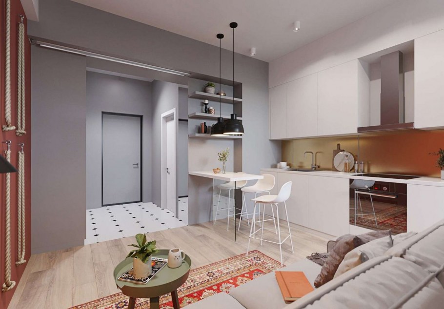Проходная кухня гостиная