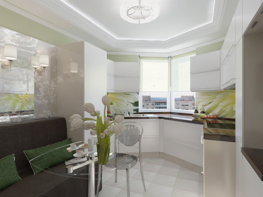 Интерьер кухни с эркером п44т
