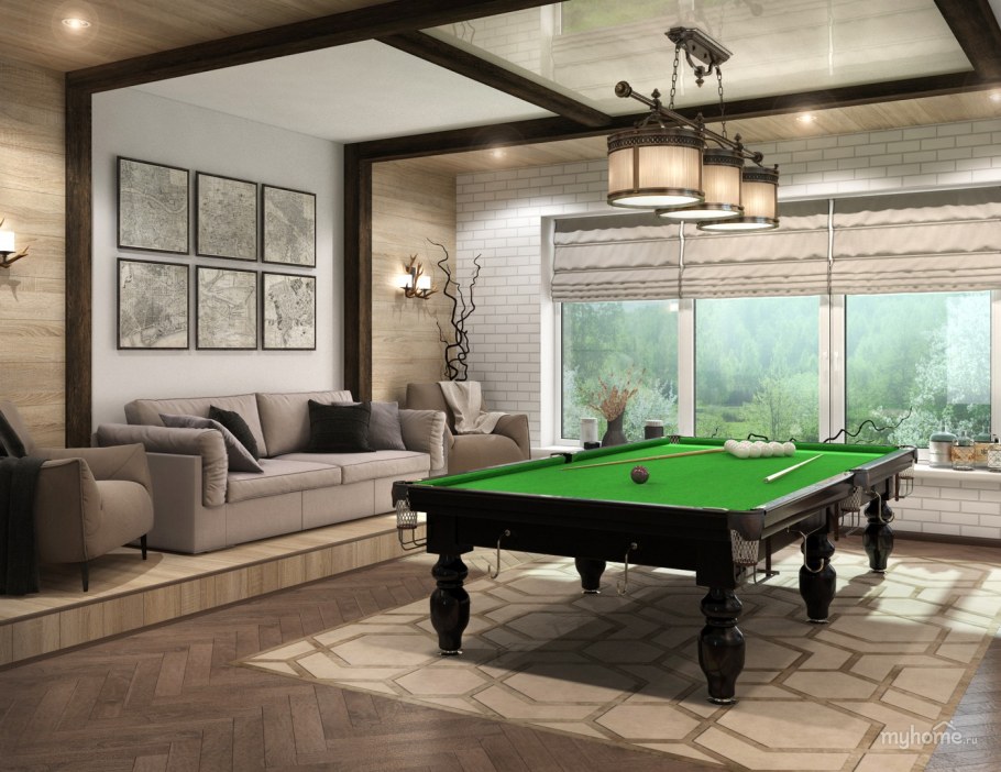 Интерьеры гостиной с бильярдом и камином