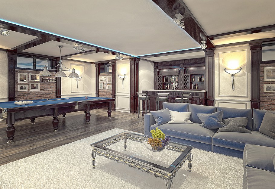 Гостиная с камином и бильярдом
