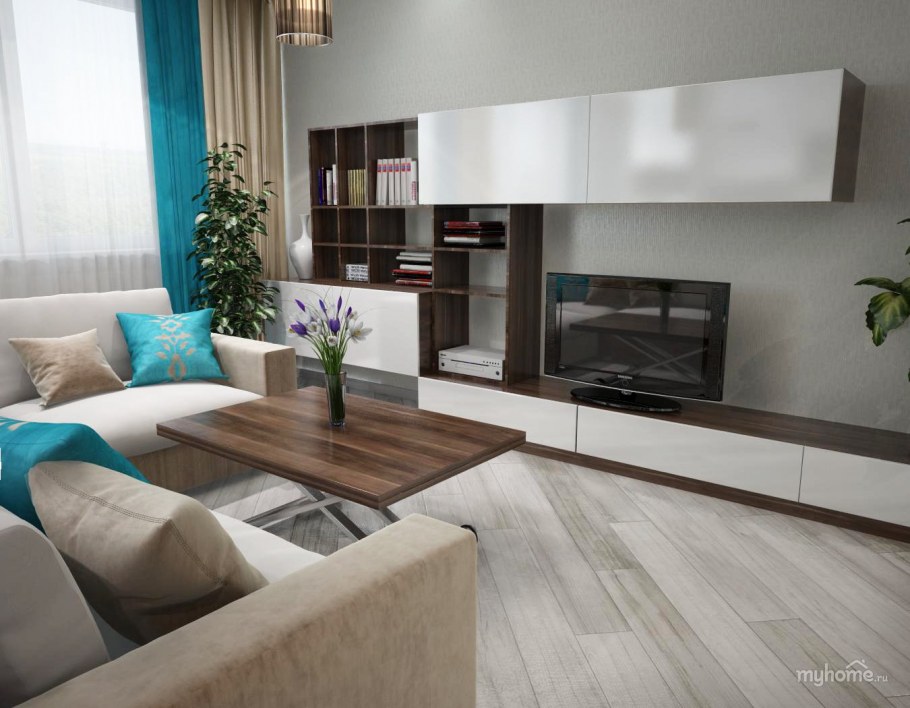 Серо-коричневая кухне с гостиной