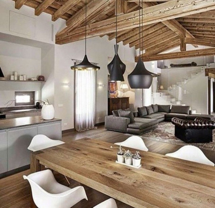 Гостиная в скандинавском стиле с балками