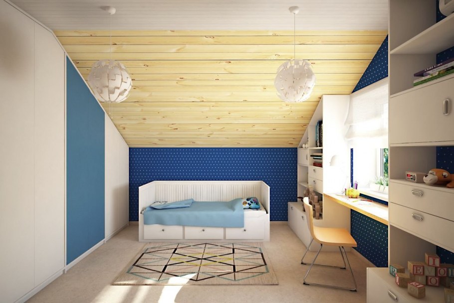 Детская комната для мальчика на мансардном этаже