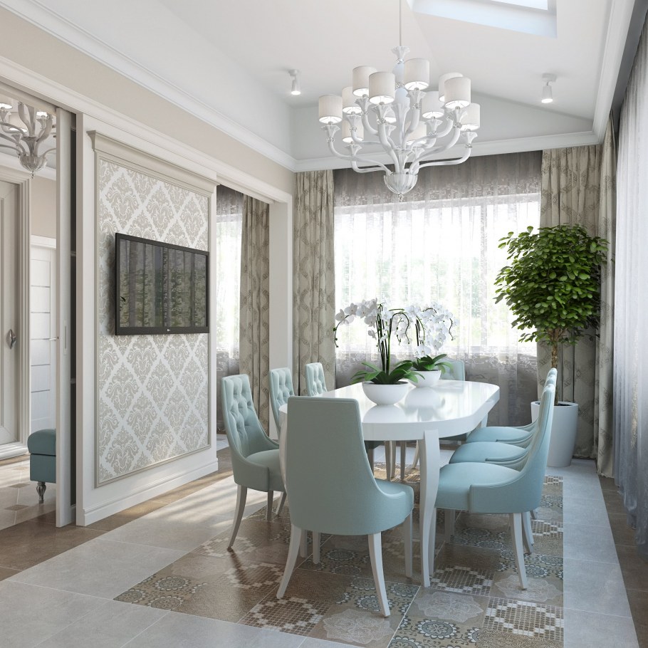 Обои с вензелями в интерьере кухни гостиной