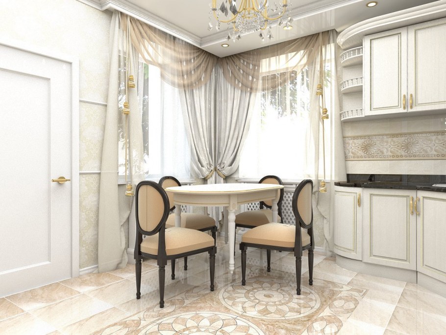 Обои с вензелями в интерьере кухни