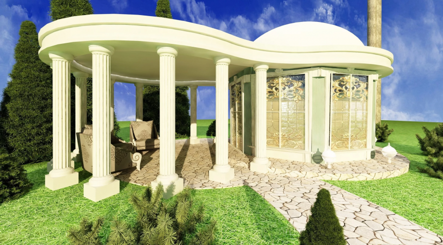 Сад, габионы, патио, беседка