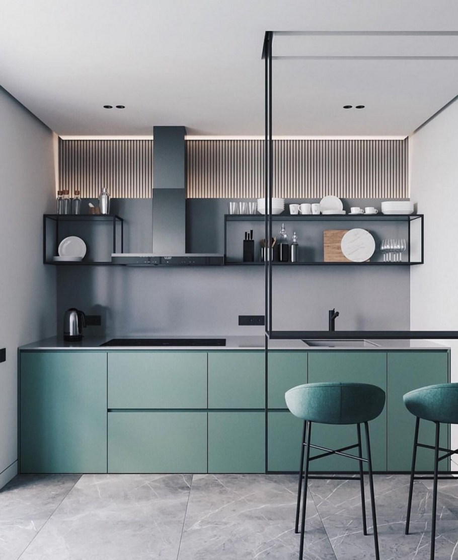 Сочетание серого и зеленого на кухне