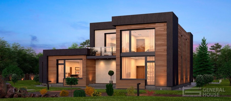 Коттедж с плоской кровлей из кирпича