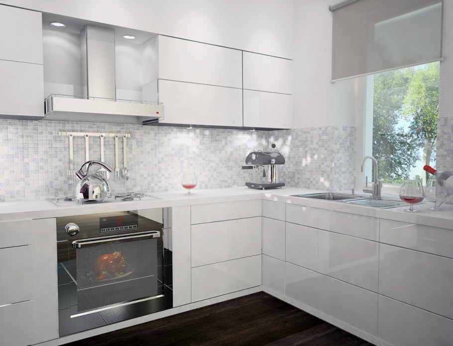 Белая кухня с серой столешницей и фартуком