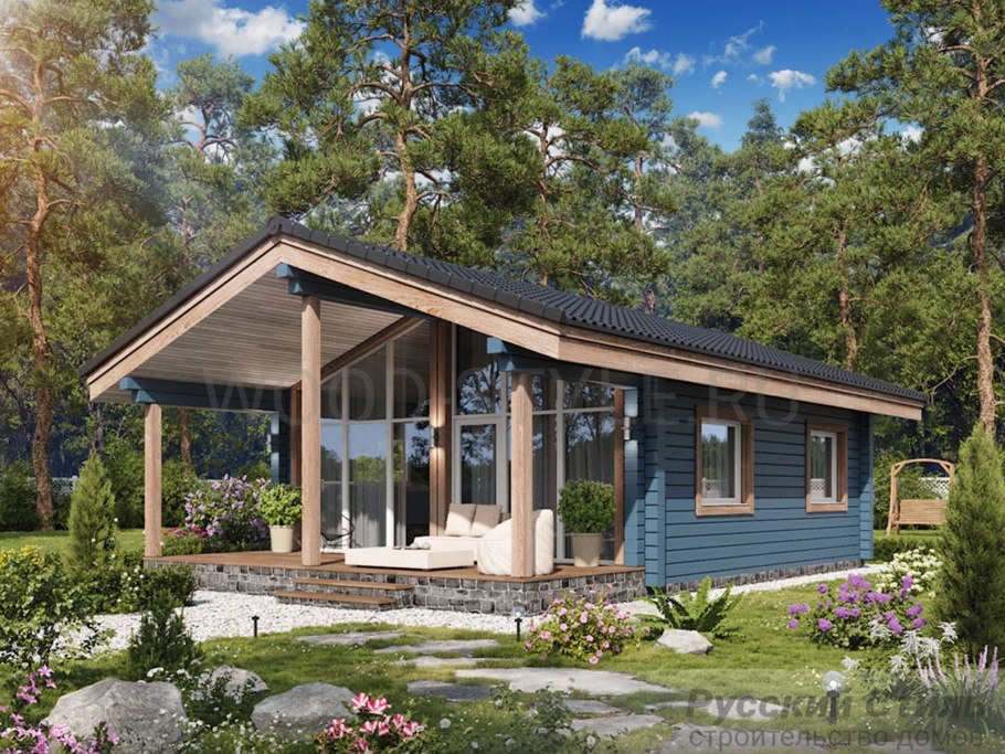 Деревянный дом одноэтажный с террасой 100кв