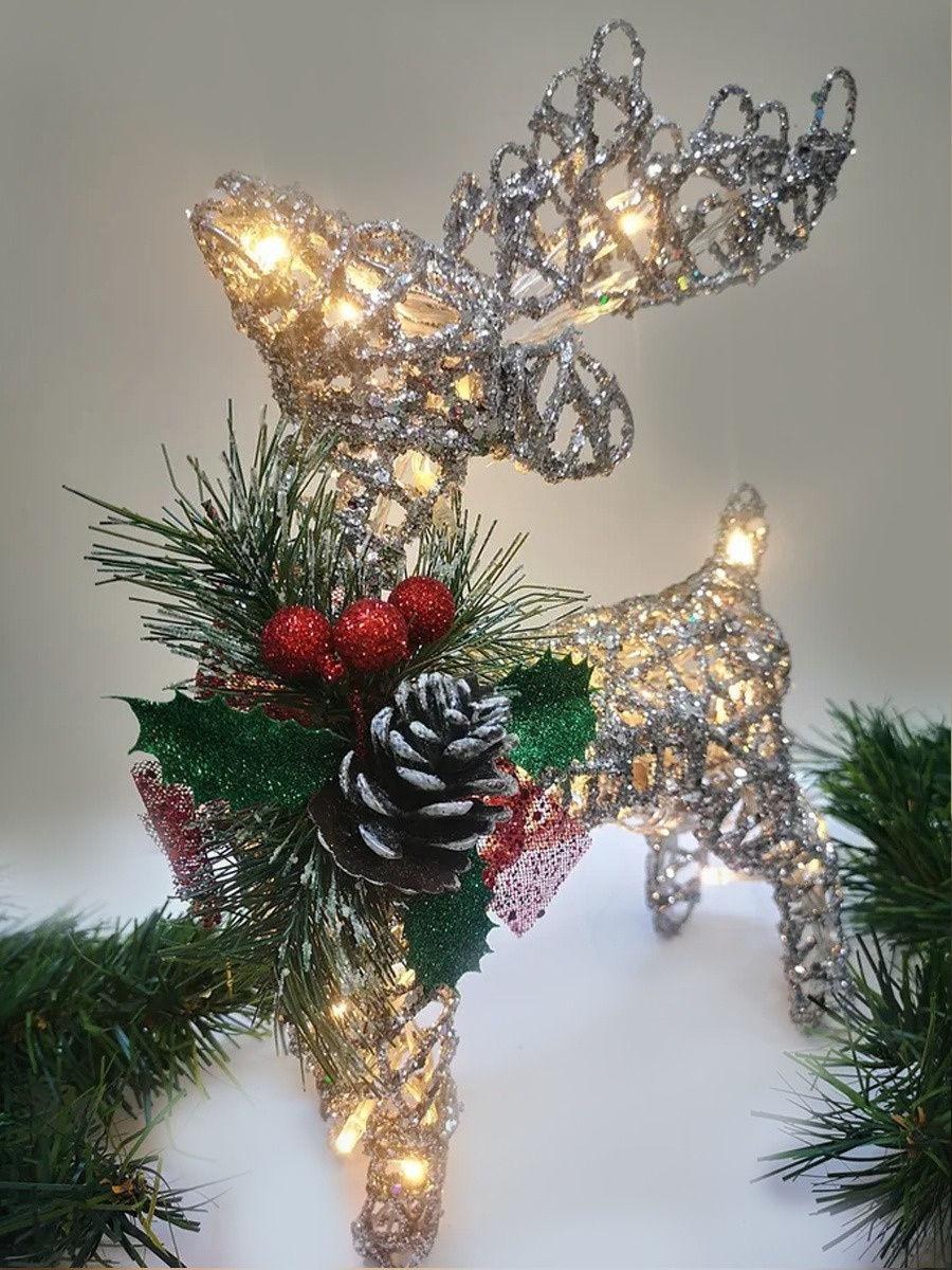 Олень светодиодный 40см серебряный