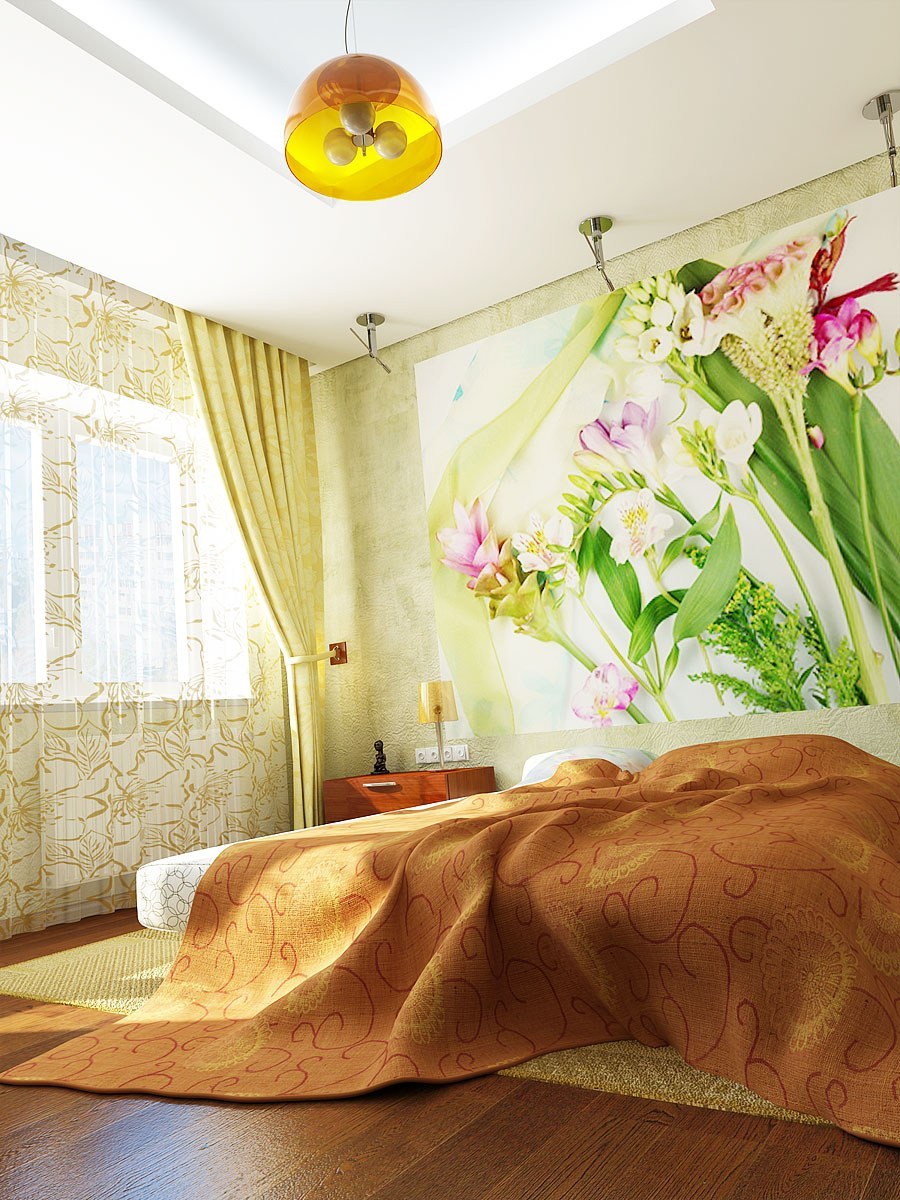 Интерьер маленькой спальни с фотообоями