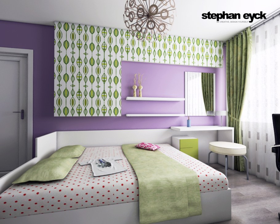 Спальня в зелено фиолетовых тонах
